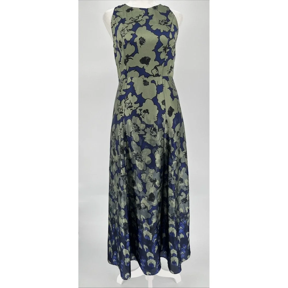 Banana Republic Fit&Flare Satin Maxi Floral Dress Blue Green Wedding Guest Sz 2P